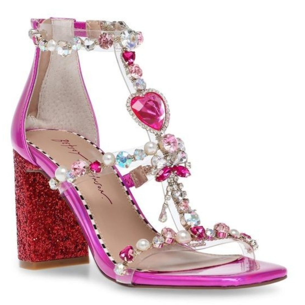 Betsey Johnson Astrid Pink Jeweled T-Strap Block Heel Sandals